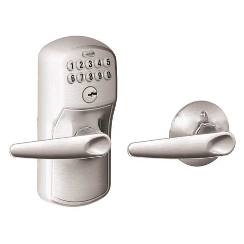 Schlage Residential FE575-PLY-JAZ-626 FE575 Keypad Lever with Plymouth Trim and Jazz Lever with Auto Lock, Satin Chrome