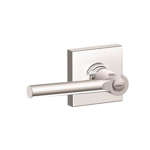 Broadway Lever with Collins Rose Privacy Lock with Adjustable Latch and Radius Strike Bright Chrome Finish