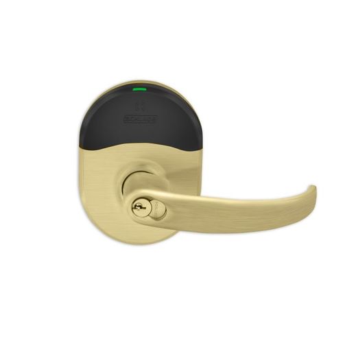 NDE Series Wireless Cylindrical Vandlgard Storeroom Lock Large Format Less Core Sparta Lever Satin Brass Finish