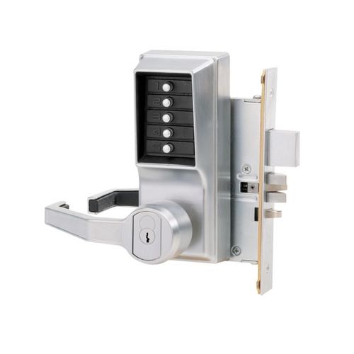 Left Hand Mechanical Pushbutton Lever Mortise Lock with Deadbolt and Schlage Prep Satin Chrome Finish