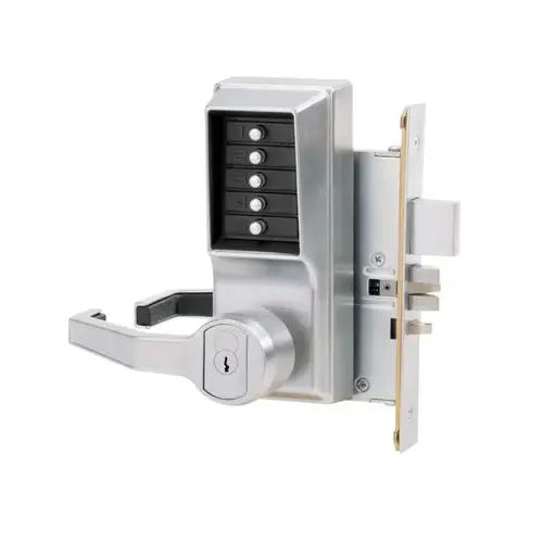 Left Hand Mechanical Pushbutton Lever Mortise Lock with Deadbolt and Best Prep Satin Chrome Finish