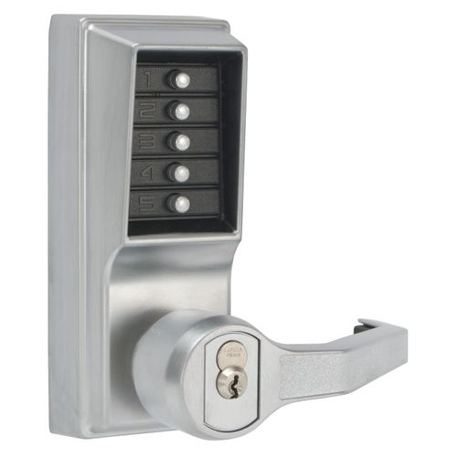 Right Hand Mechanical Pushbutton Lever Lock Combination, Privacy, and Key Override, Schlage Prep, 2-3/4" Backset, and 3/4" Throw Satin Chrome Finish