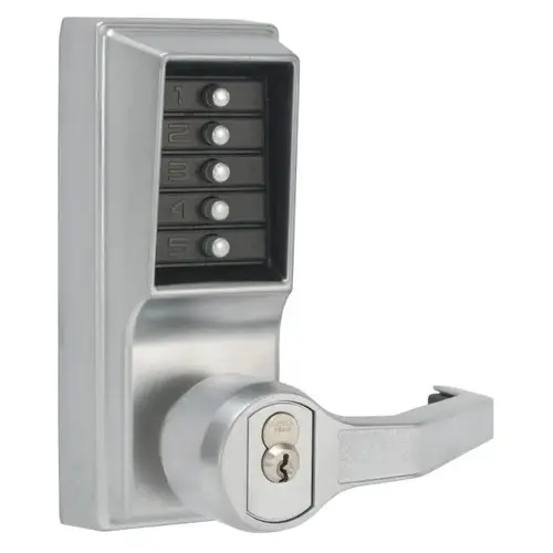 Left Hand Mechanical Pushbutton Lever Lock with Key Override, Medeco Prep and 2-3/4" Backset Satin Chrome Finish