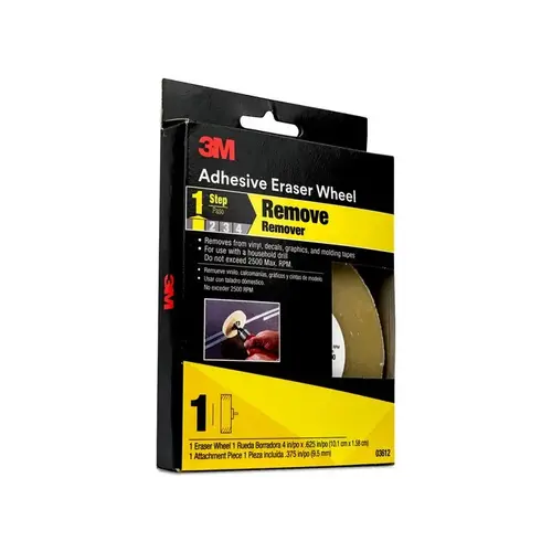 3M 3612 0 Adhesive Eraser Wheel, 4 in Dia x 5/8 in THK Wheel, 3/8-16 Arbor/Shank, 4000 rpm, Beige