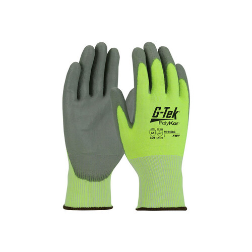 PolyKor 16-645LG Hi-Vis Yellow 2XL PolyKor Cut-Resistant Gloves - ANSI A5 Cut Resistance - Polyurethane Palm & Fingers Coating - 10.8" Length