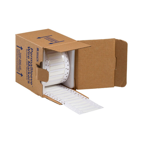 White Polyolefin Die-Cut Thermal Transfer Printer Sleeve - 2" Width - 0.439" Height - 0.094" Min Wire Dia to 0.215" Max Wire Dia - Double-Side Printable - B-342