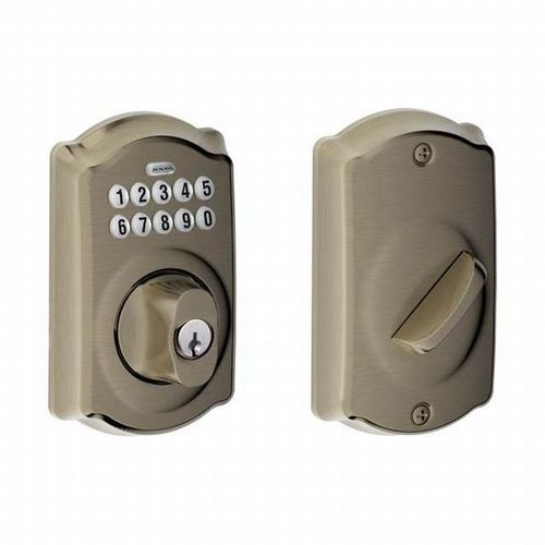Schlage Residential BE365 CAM 620 Camelot Electronic Keypad Deadbolt C Keyway with 12287 Latch and 10116 Strike Antique Nickel Finish