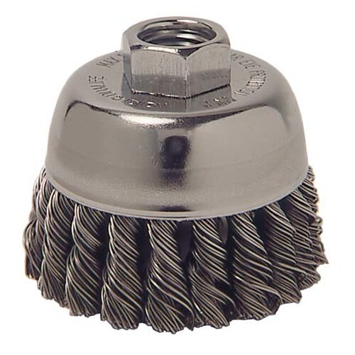 Weiler 36041 Carbon Steel Cup Brush - Threaded Arbor Attachment - 3" Diameter - M10 x 1.25 Center Hole - 0.02" Bristle Diameter - Package Type: Display