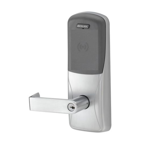 Schlage Electronics CO200993R70PRRHO626 Standalone Electronic Lock with Rights on Lock Rim Exit Trim Classroom / Storeroom Proximity Rhodes Lever Satin Chrome Finish