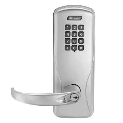 Standalone Keypad Programmable Electronic Lock Cylindrical Office Keypad Sparta Lever with 13247 Latch and 10025 Stike with C Keyway Satin Chrome Finish