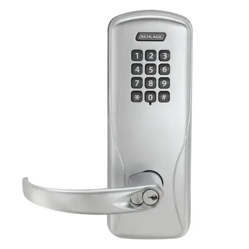 Standalone Keypad Programmable Electronic Lock Cylindrical Classroom / Storeroom Keypad Sparta Lever with Large Format Less Core Satin Chrome Finish