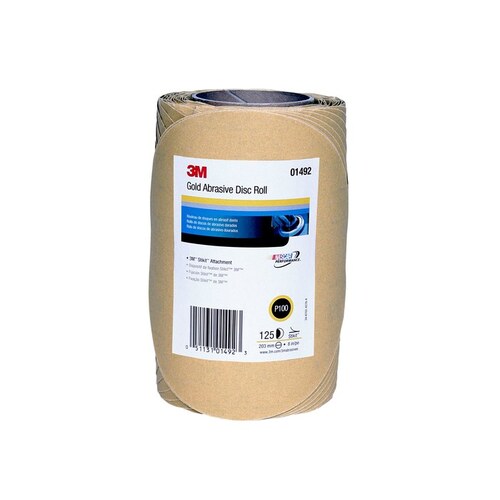 236U Series Abrasive Disc Roll, 8 in Dia, P100 Grit, PSA, Gold