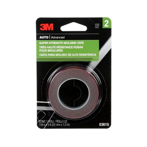 0 Double Sided Super Strength Molding Tape, 5 ft x 7/8 in, 1.54 mm THK, Black