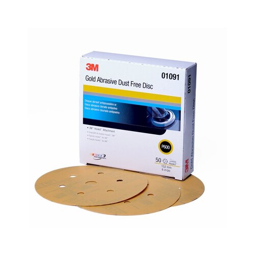 216U Series Dust Free Abrasive Disc, 6 in Dia, P600 Grit, Hook and Loop, Gold