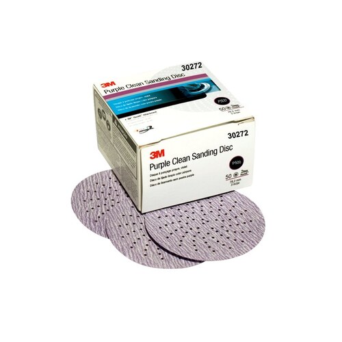 334U Series Multi-Hole Clean Sanding Abrasive Disc, 3 in Dia, P500 Grit, Hook and Loop, Purple