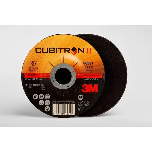 Cubitron II 66531 Type 27 Cut-Off Wheel, 4-1/2 in Dia x 0.045 in THK Wheel, 7/8 in Center Hole, 13300 rpm Black