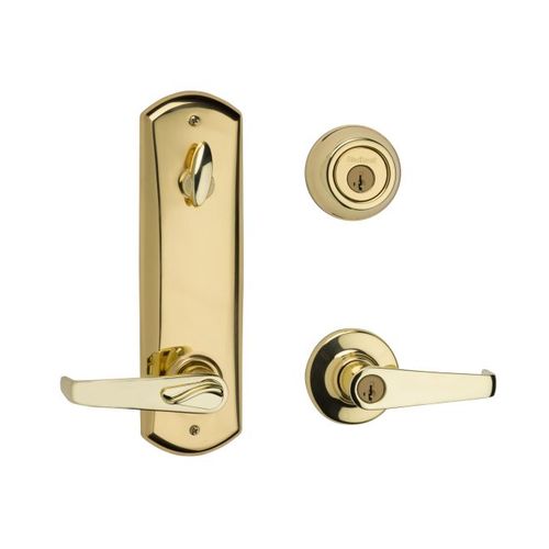 Light Commercial Kingston Interconnected Entry Door Lock SmartKey with 23/8 NFL Square Corner Latch and 85278 Square Corner Strike Bright Brass Finish