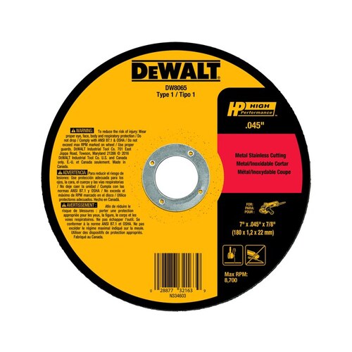 DEWALT DW8065 Aluminum Oxide Cutoff Wheel Type 1 (Straight) 7" Diameter 7/8" Center Hole