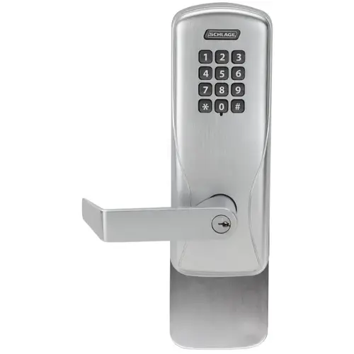 Standalone Keypad Programmable Electronic Lock Rim Exit Trim Classroom / Storeroom Keypad Rhodes Lever with Small Format Less Core Satin Chrome Finish