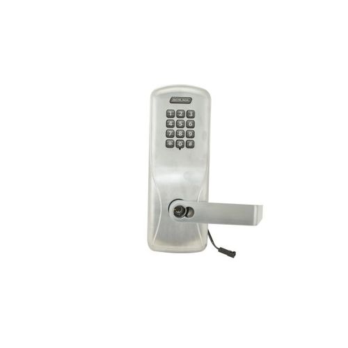 Standalone Keypad Programmable Electronic Lock Cylindrical Classroom / Storeroom Keypad Rhodes Lever with Large Format Less Core Yale Cylinder Satin Chrome Finish