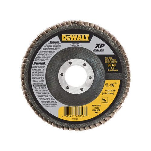DEWALT DWA8281 DWAFV84560 Flap Disc, 41/2 in Dia, 7/8 in Arbor, Coated