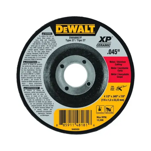 Ceramic Cut-Off Wheel - Type 27 (Depressed Center) - 4 1/2" Diameter - 7/8" Center Hole - 0.045" Thickness