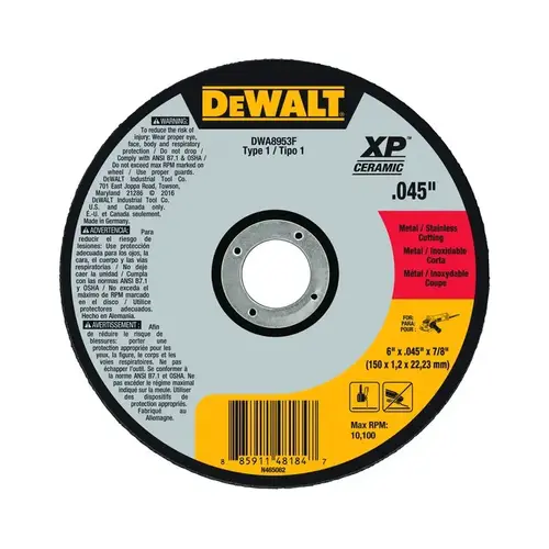 Ceramic Cut-Off Wheel - Type 1 (Straight) - 6" Diameter - 7/8" Center Hole - 0.045" Thickness Black/Yellow