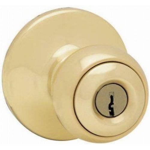 Yukon Entry Door Lock with Kwikset Keyway with 6 Way Adjustable Latch and Round Corner Strike Bright Brass Finish