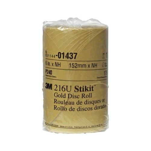 216U Series Abrasive Disc Roll, 6 in Dia, P240 Grit, PSA, Gold