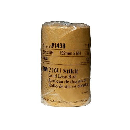 216U Series Abrasive Disc Roll, 6 in Dia, P220 Grit, PSA, Gold