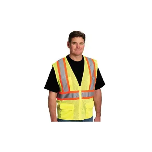 PIP 302-MVZPLY-M 302-MVZPLY Lime Yellow Medium Polyester Mesh High-Visibility Vest - 6 Pockets - Fits 47.2" Chest - 28" Length