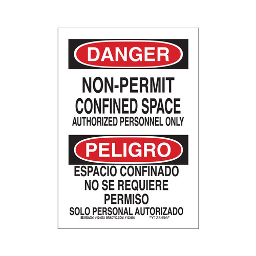 B-555 Aluminum Rectangle White Confined Space Sign - 7" Width x 10" Height - Language English / Spanish