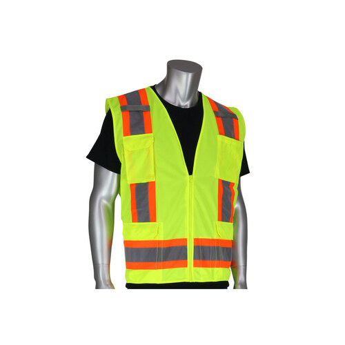 302-0500LY Lime Yellow 7XL Polyester Mesh/Solid High-Visibility Vest - 6 Pockets - Fits 65.3" Chest - 31.1" Length