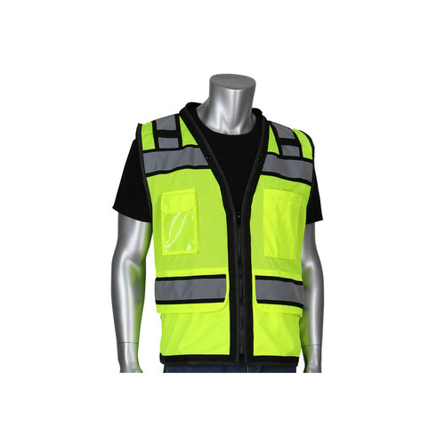 302-0800D Lime Yellow Large Polyester Mesh High-Visibility Vest - 11 Pockets - Fits 49.5" Chest - 28" Length