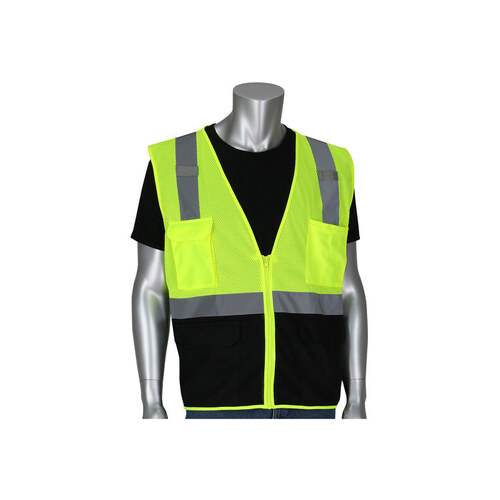 302-0710B Lime Yellow/Black Large Polyester Mesh High-Visibility Vest - 4 Pockets