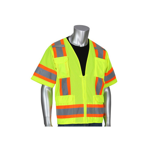 303-0500M Lime Yellow Large Polyester Mesh/Solid High-Visibility Vest - 11 Pockets - Fits 49.6" Chest - 28" Length