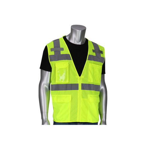 302-0750 Lime Yellow XL Polyester Mesh High-Visibility Vest - 5 Pockets - Fits 52" Chest - 28" Length