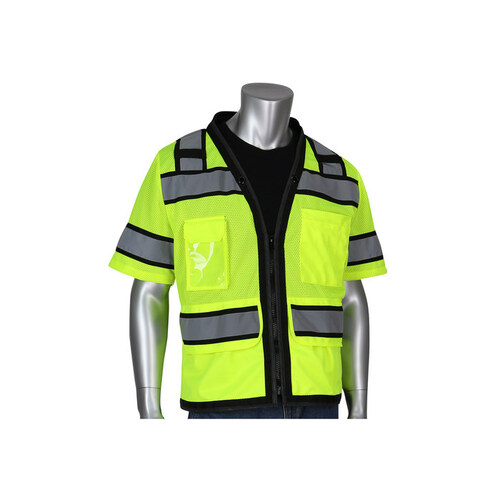 303-0800D Lime Yellow Small Polyester Mesh/Solid High-Visibility Vest - 11 Pockets - Fits 45" Chest - 27" Length