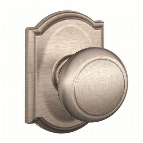 Andover Knob with Camelot Rose Passage Lock with 16080 Latch and 10027 Strike Satin Nickel Finish