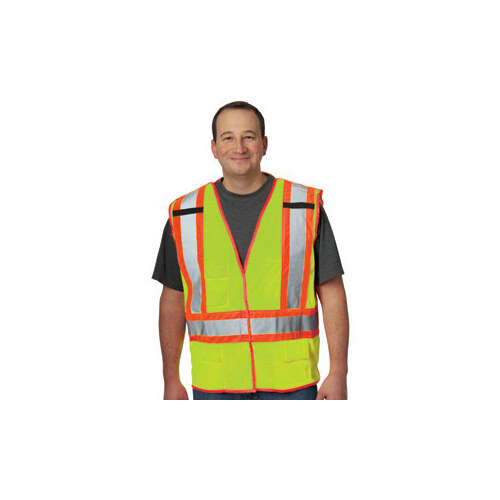 302-0211LY Lime Yellow XL Polyester Mesh High-Visibility Vest - 5 Pockets - Fits 52" Chest - 28" Length