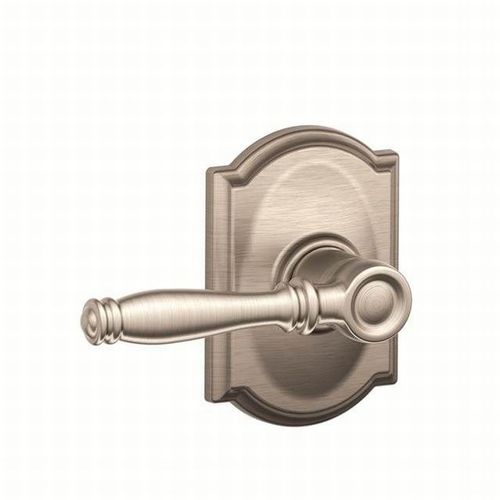 Birmingham Lever with Camelot Rose Passage Lock with 16080 Latch and 10027 Strike Satin Nickel Finish