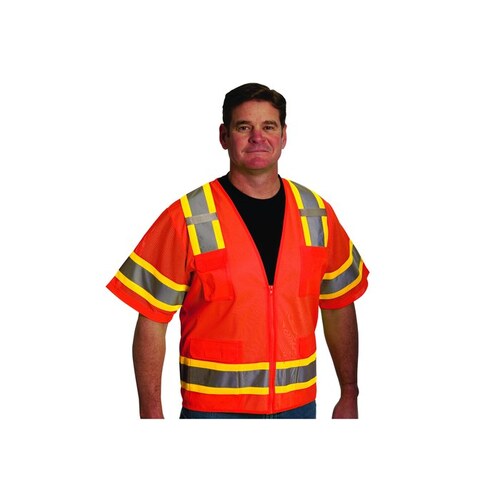 303-0500-OR Orange Large Polyester Mesh/Solid High-Visibility Vest - 6 Pockets - Fits 49.6" Chest - 28" Length