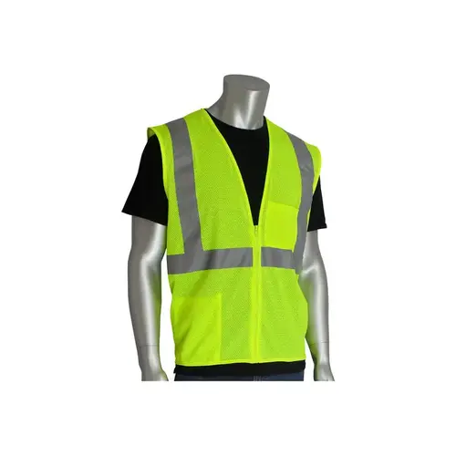 PIP 302-0702Z-LY/5X 302-0702Z-LY Lime Yellow 5XL Polyester Mesh High-Visibility Vest - 2 Pockets - Fits 61.5" Chest - 30" Length