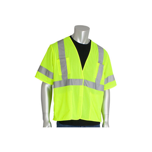 Lime Yellow Small Polyester Mesh High-Visibility Vest - 4 Pockets - Fits 45" Chest - 27" Length