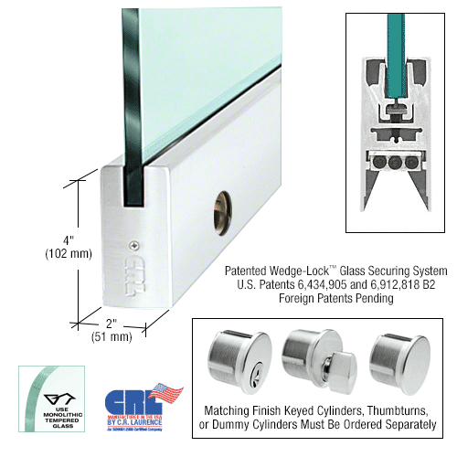 Brushed Satin Anodized 4" Square Door Rail With Lock for 3/8" Glass - Custom Length