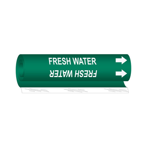 White on Green Polyester Water Wrap-Around Pipe Marker - 1 1/4" Character Height with Right Arrow - B-689