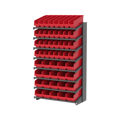 APRS 900 lb Red Gray Steel 16 ga Single Sided Fixed Rack - 36 3/4" Overall Length - 52 Bins - Bins Included