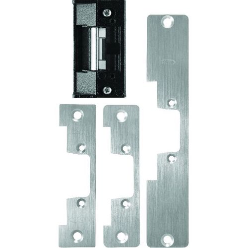 Standard Field Selectable Universal Centerline Electric Strike with 3 Faceplates, Satin Stainless Steel Finish