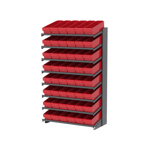 APRS 900 lb Red Gray Steel 16 ga Single Sided Fixed Rack - 36 3/4" Overall Length - 48 Bins - Bins Included