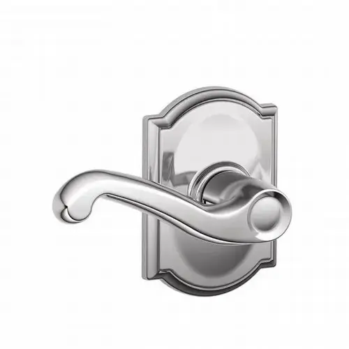 Flair Lever with Camelot Rose Passage Lock with 16080 Latch and 10027 Strike Bright Chrome Finish